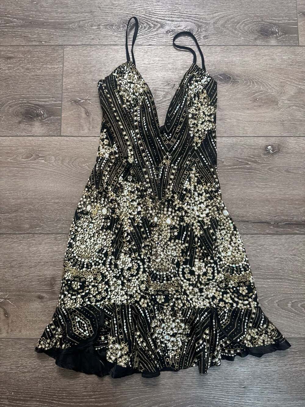 Hello Molly Black and Gold Sequin Ruffle Hem Mini Dress